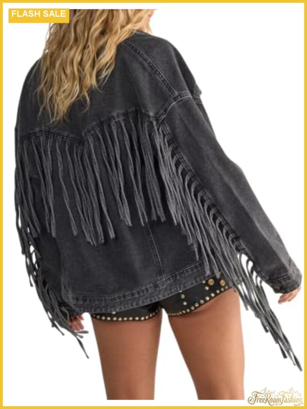 Women's Oversized Fringed Denim Jacket Western Cowgirl Button Down Long Sleeve